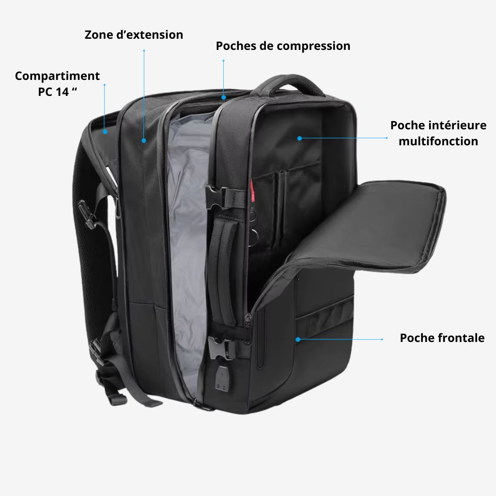 SACAVIA COMPRESSO – Sac à dos cabine compatible KLM (46×30×16 cm -> 27 cm – 55 L)