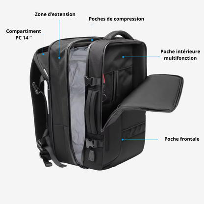 SACAVIA COMPRESSO – Sac à dos cabine compatible KLM (46×30×16 cm -> 27 cm – 55 L)